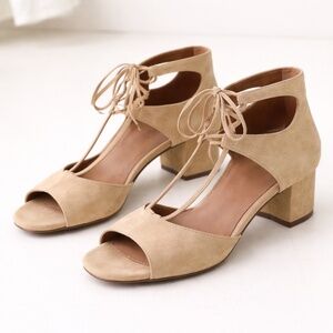 Tabitha Simmons Suede Lace-Up Sandal Heels Tan Italy Open Toe Block EU 35 US 5